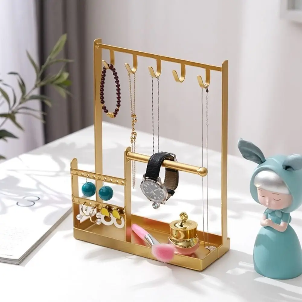 

Metal Jewelry Display Rack Multifunctional Hanging Hook Necklace Storage Rack with Tray Dish Desktop Organizer