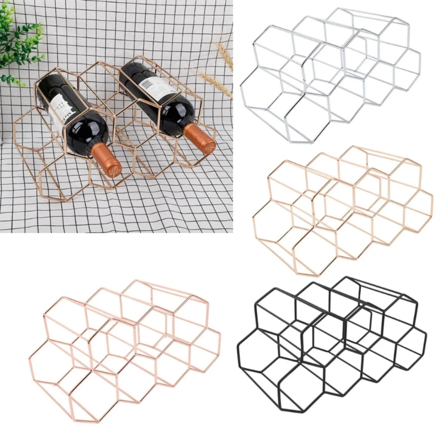 

Sleek Modern Hexagon Honeycomb Wine Rack with Beehive Design for Tabletop - Stylish Metal Wine Bottle Holder Display for 9 Bottl