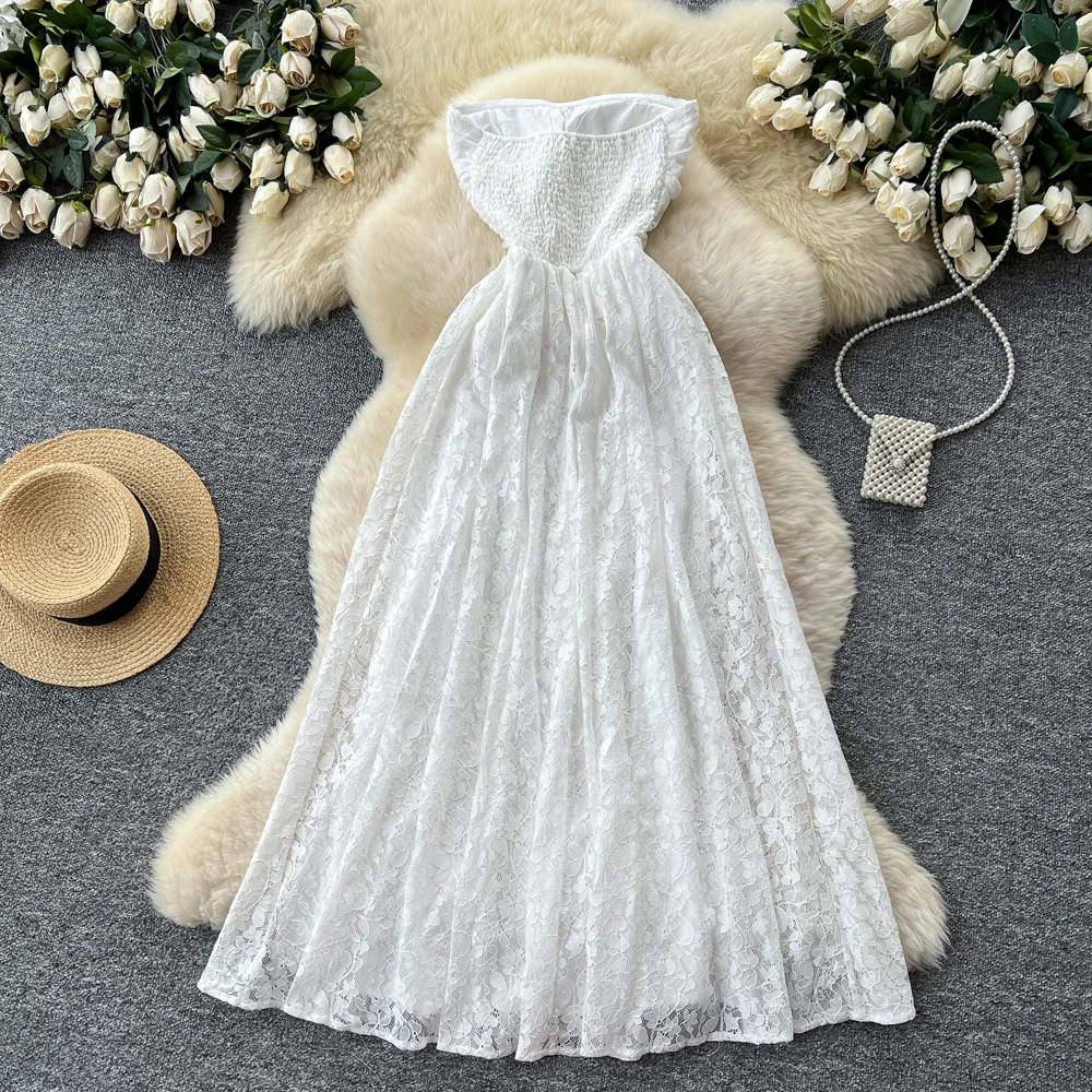 فستان أنيق عتيق من الدانتيل بدون ظهر مكشكش أنيق ملابس نسائية كورية خرافية