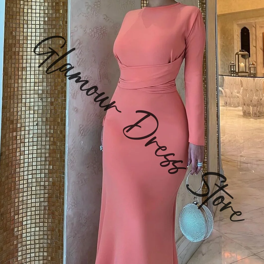 Нежное прямое вечернее платье из джерси по индивидуальному заказу с круглым вырезом и длинными рукавами со шлейфом на заказ, однотонные классические платья