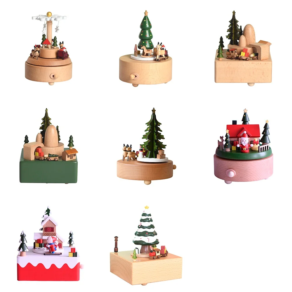 

2025 Hot New Custom Wooden Santa Clockwork Music Box Christmas round Wood Christmas Present Ideas