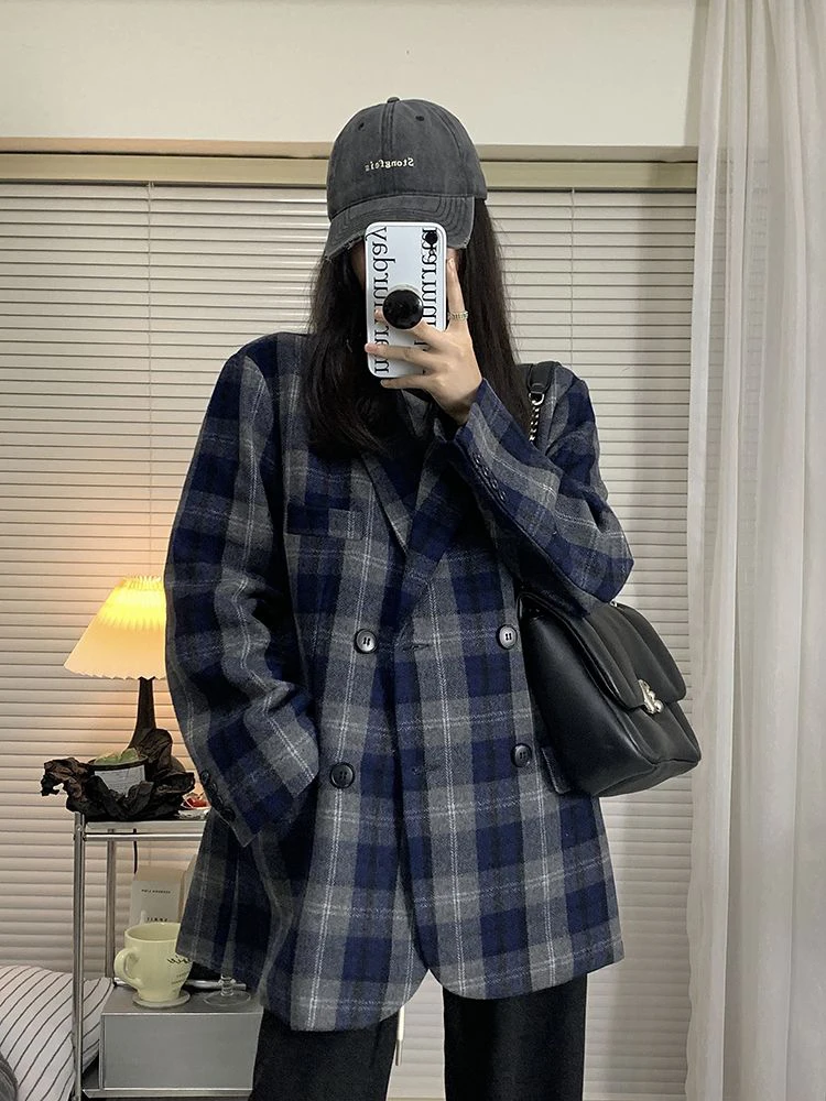 Zoki Vintage Faux Woolen Plaid Blazers Coat Women Streetwear Loose Retro Jackets American Harajuku Long Sleeve Outwear Tops New