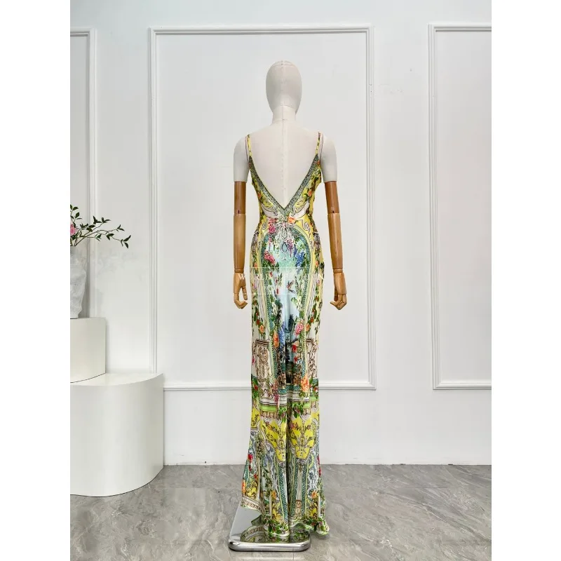 Vestido midi com cintura cortada e halter para férias, novo vestido de seda amarelo com estampa floral sem mangas de alta qualidade