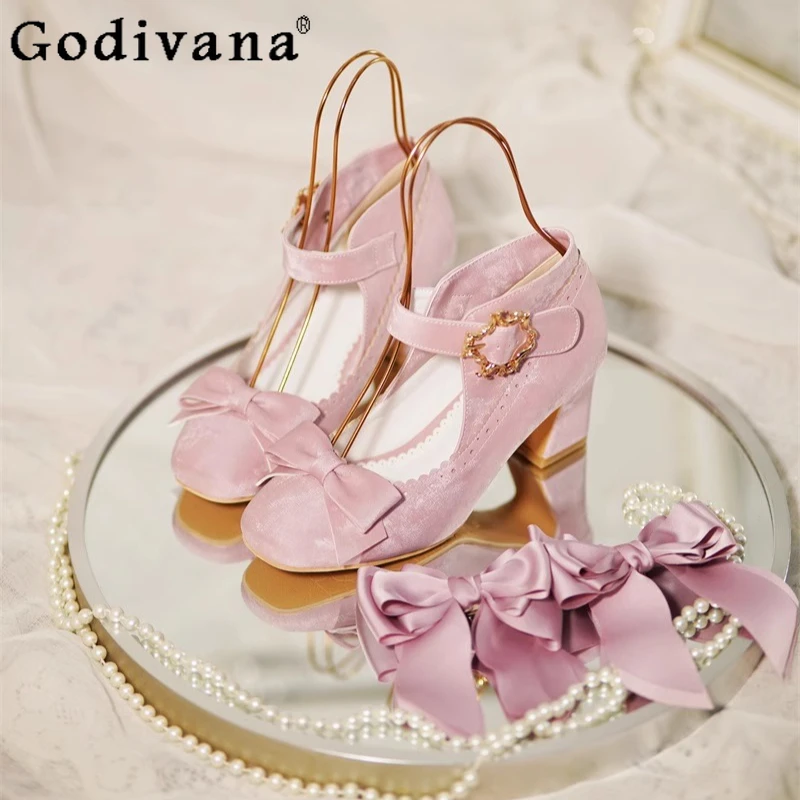 

Ladies Lolita Style Pink High Heels Japanese Sweet Cute Bow Elegant Lo Flower Wedding High Heels Girls Women's Mary Jane Shoes