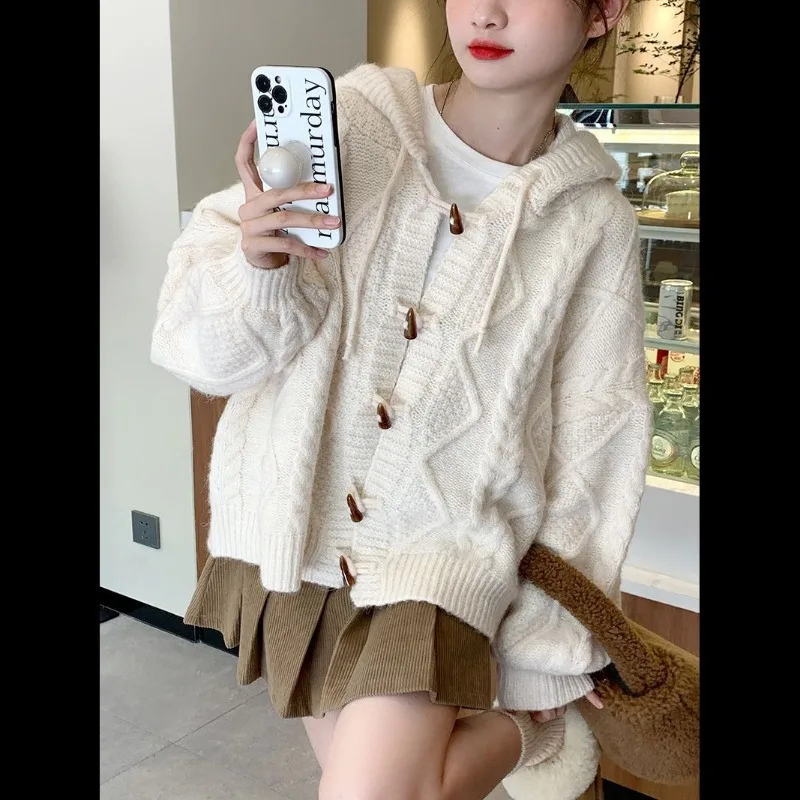Autumn Winter Bull Horn Button Hooded Sweater Cardigan Women Blue Long Sleeve Knitted Coats Casual Loose Jackets New Tops Female