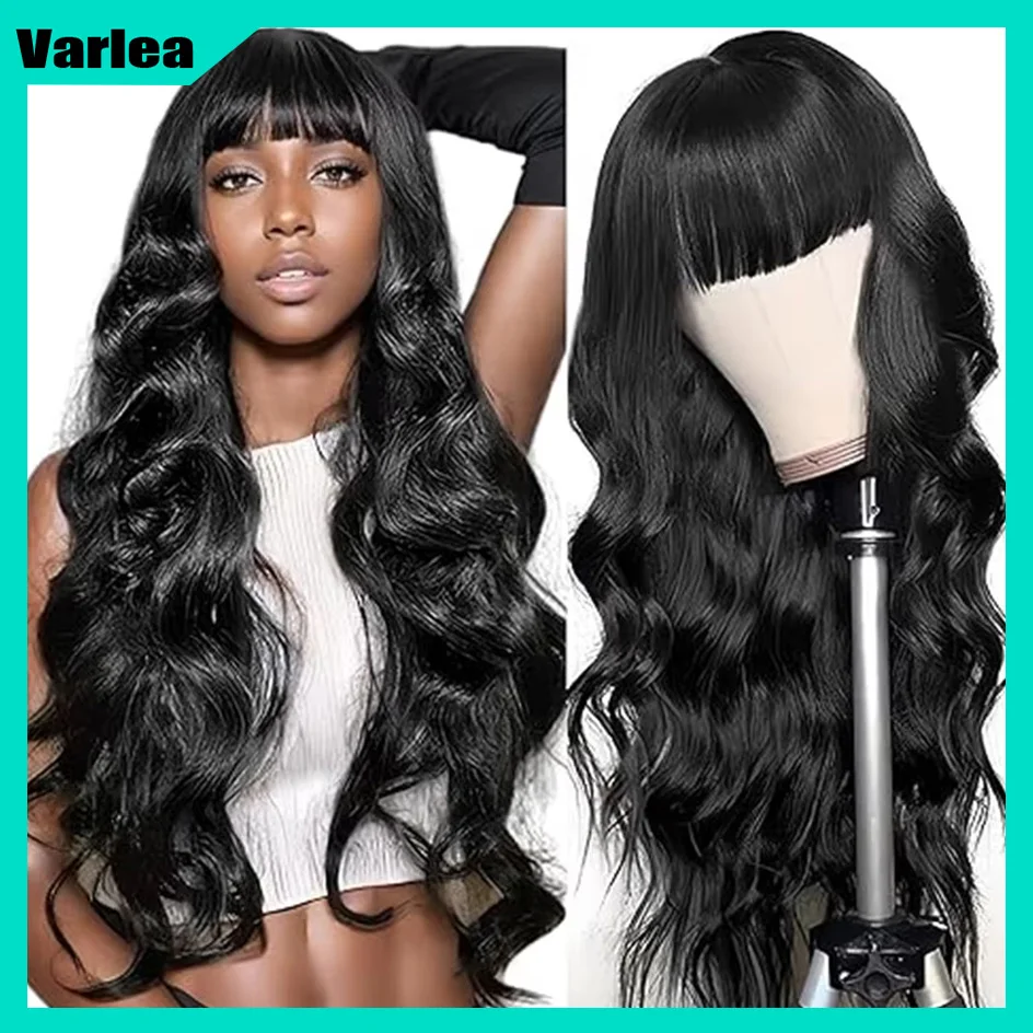 Varlea 200% Density Body Wave Human Hair Wigs Without Lace Wig Full Woven With Bangs Wig Bob Wig Black Short Wigs Full Machine