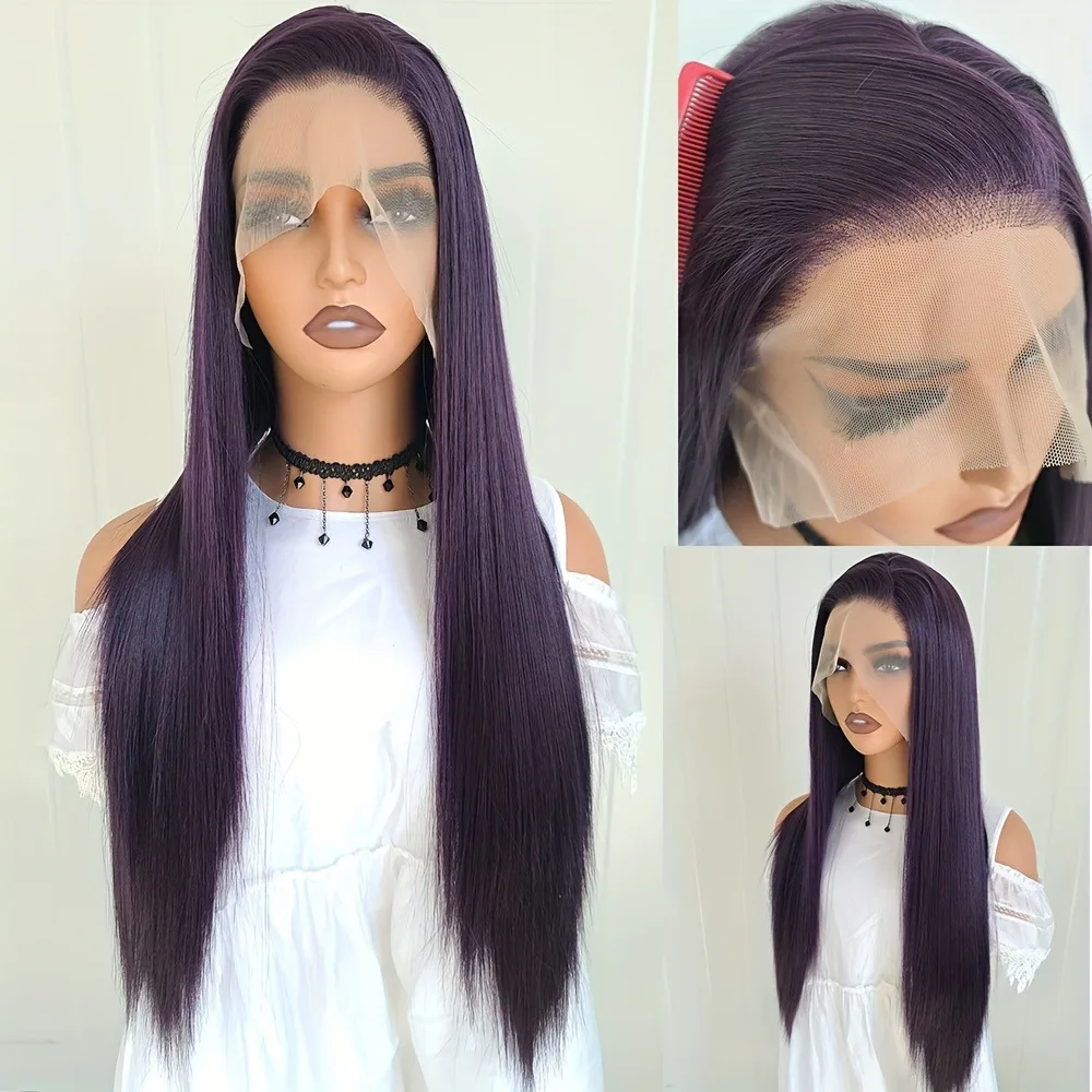 Carisma-peruca dianteira do laço sintético para mulheres, cabelo liso longo, roxo escuro, uso diário, festa, 13x4, 26"