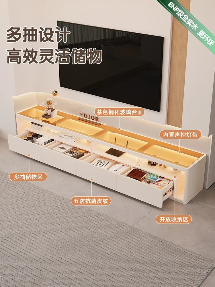 

Light luxury solid wood TV cabinet hollow in the middle 2025 new floor glass panel display rectangular