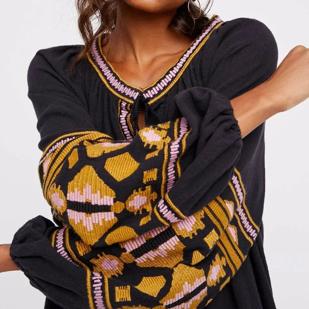 

Женские длинные блузки, рубашки с рукавами-фонариками и вышивкой, женские блузки, топы, летние женские топы, блузки в стиле хиппи