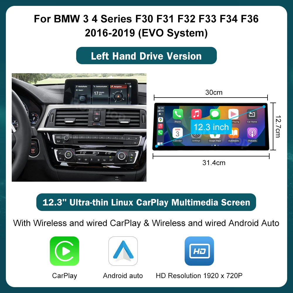 DE RoadTop 12.3 Draadloze CarPlay Android Auto Multimedia Ultradun Scherm voor BMW Serie 3 4 F30 F31 F32 F33 F34 F36 2012-2019
