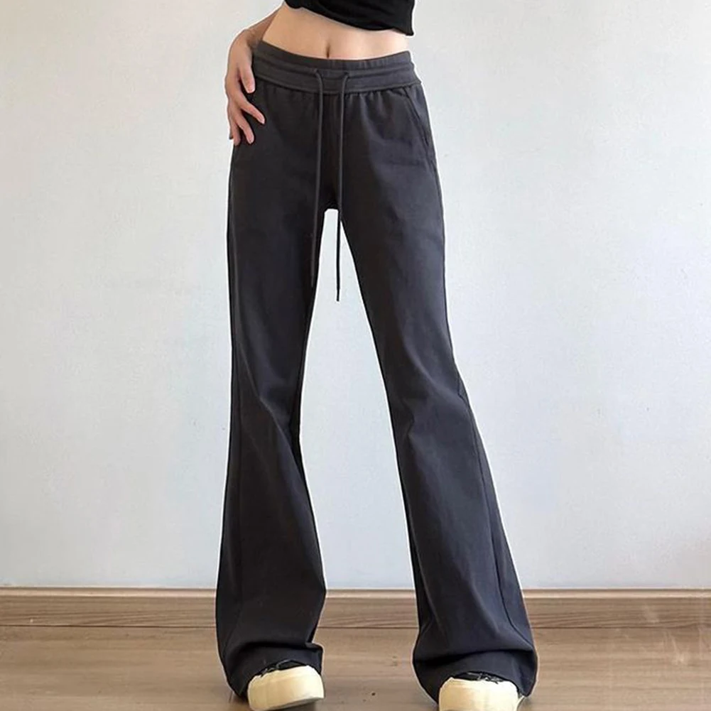Solid Color Low Waist Slightly Flared Sports Pants Women Polyester Elastic Casual Trousers For Daily Vacation Holiday Club Wear