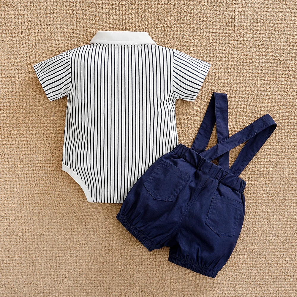 2 pcs Baby Boy Clothes Set Gentleman Style Short Sleeves Striped Print Polo bodysuit + Short