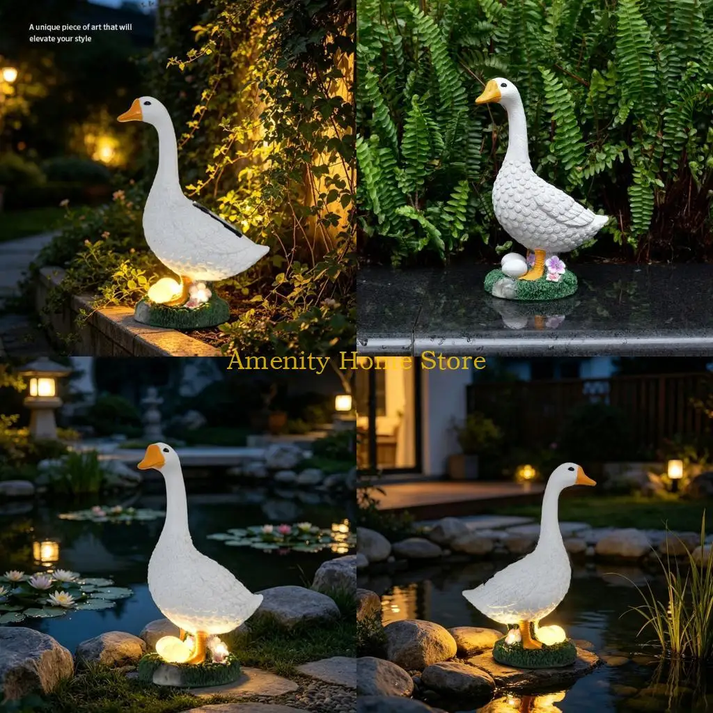 F26C Lawn and Entryway Solar Geese Figure, Resin Garden Statue with Integrated Light for Flower Area Placement and Evening Yard