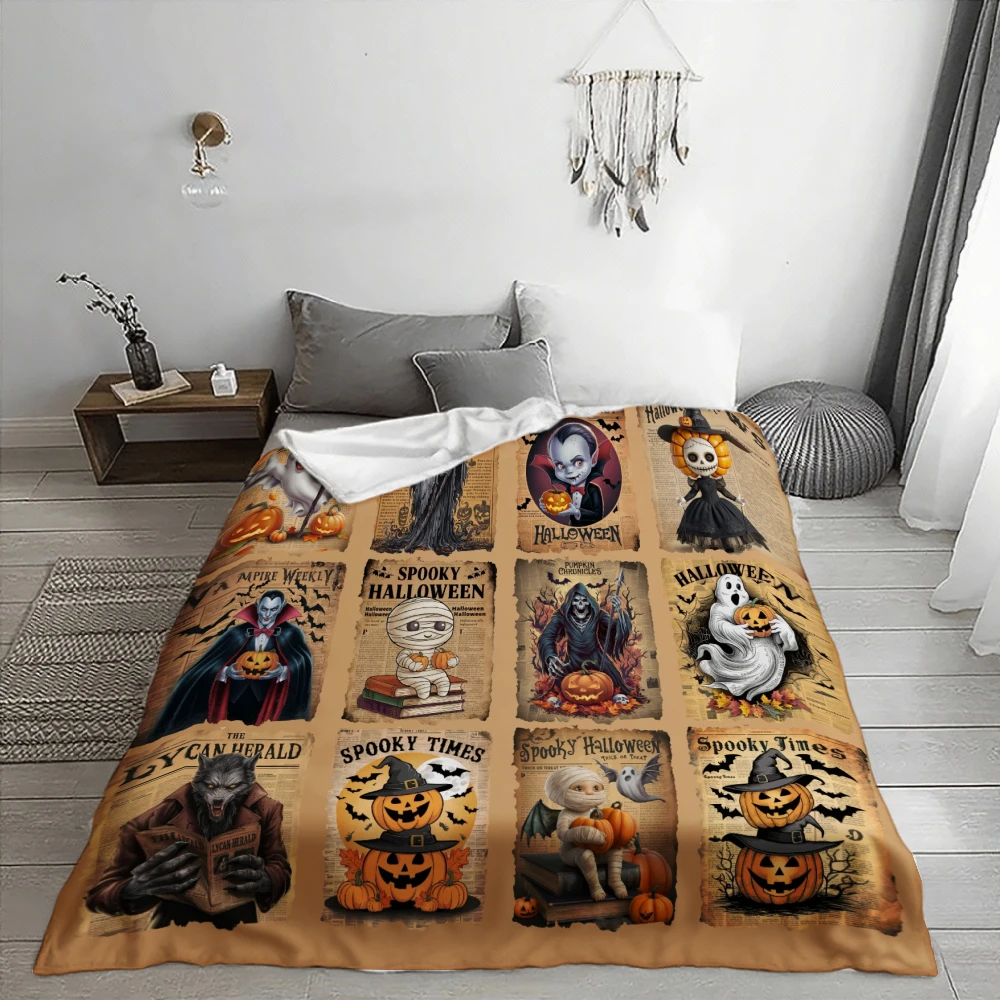 Brown Vintage Halloween Newspaper Print, Party, Home, Outdoor, Salon, Flannel Portable, Lightweight, Soft  Comfortable Blanket