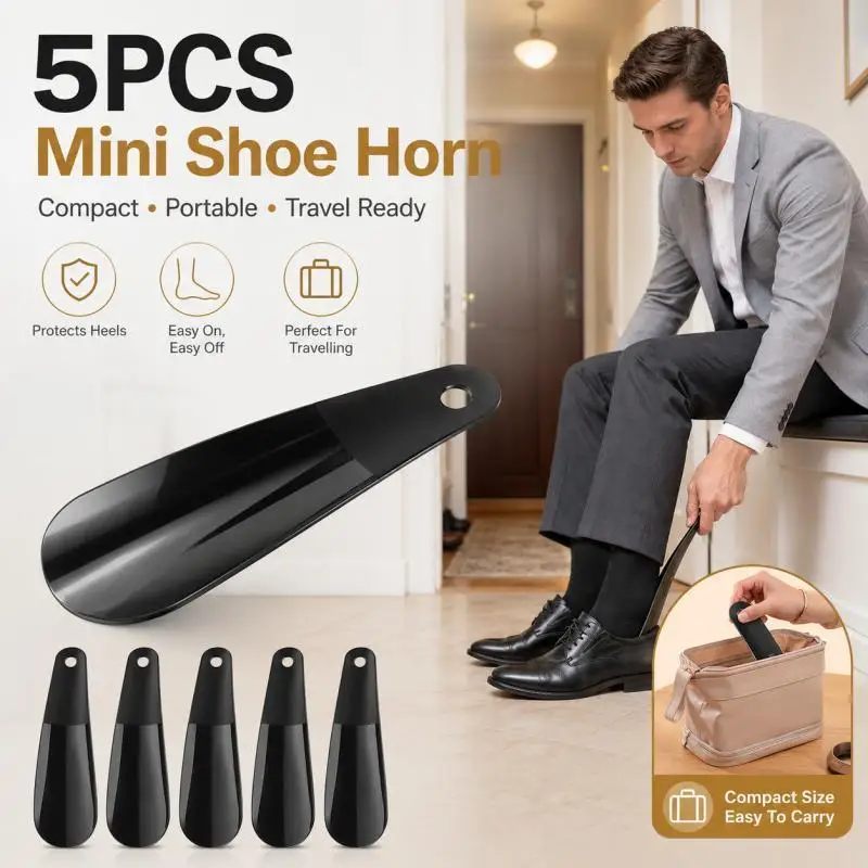 Set of 5 Mini Shoe Horns - Portable 16cm Black Pullers for Easy On Wear at Home, Work, or Travel