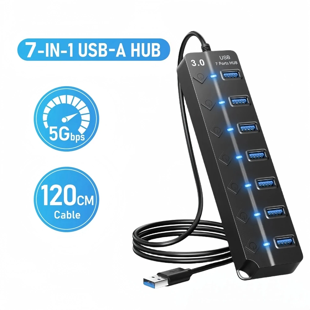 USB 3.0 Power Adapter 7 Port Multi USB Splitter Hub USB Hub 2.0 USB Multiple Expander Switch Cable Hub Docking Stations for PC