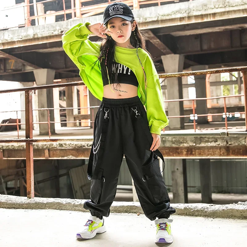 Tragen Ballsaal HipHop Kostüm Bühne Rave Outfit Mädchen Hip Hop Kleidung grüne Tops Weste schwarze Hosen für Kinder Jazz Dance