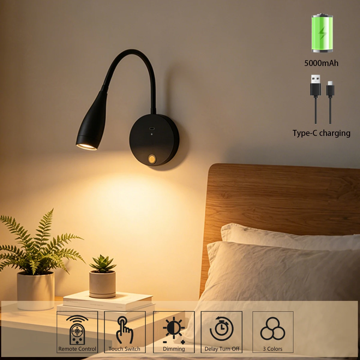 5W Rechargeable Wall lamp 5000mAh Hotel Bedroom Living Room Lighting LED Reading Light Touch Switch Modern Home Decoration Light