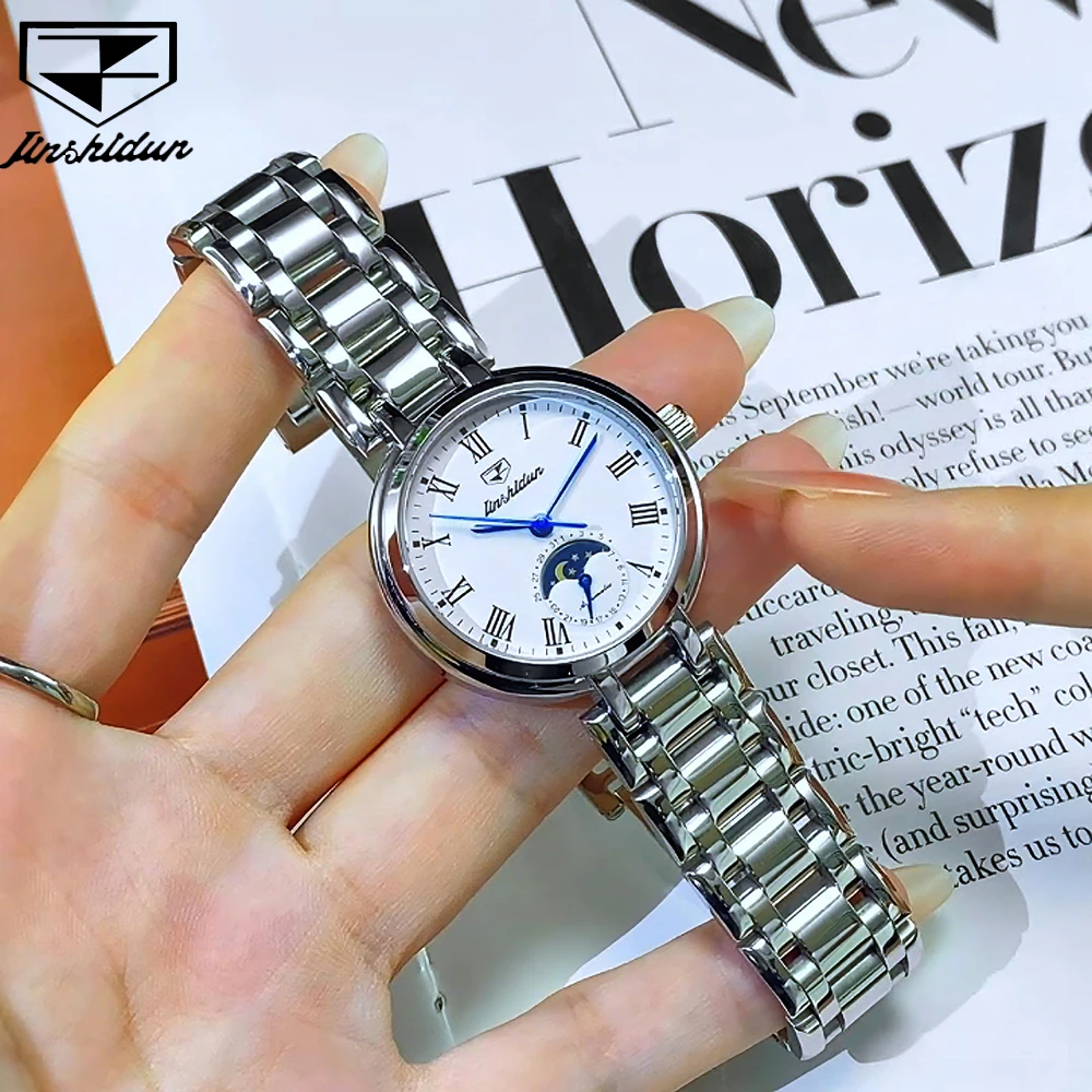JSDUN Women's Watches Top Brand Luxury Fashion Original Fine Steel Automatic Mechanical Wristwatch Waterproof Moon Phase Date