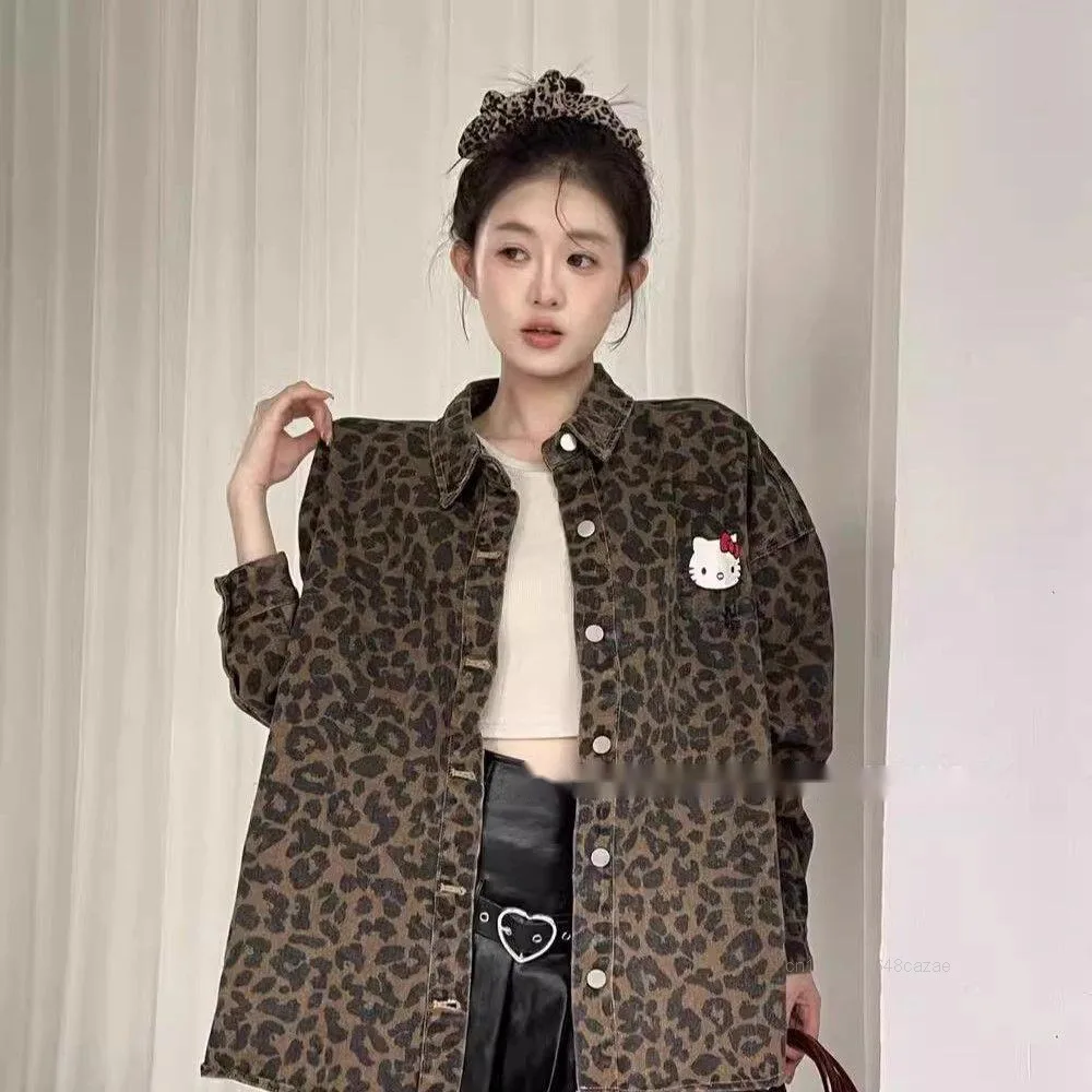 Sanrio Hello Kitty American Leopard Print Shirt Jacket Loose Design Niche Casual Versatile Jacket Korean Version Fashion Blouses