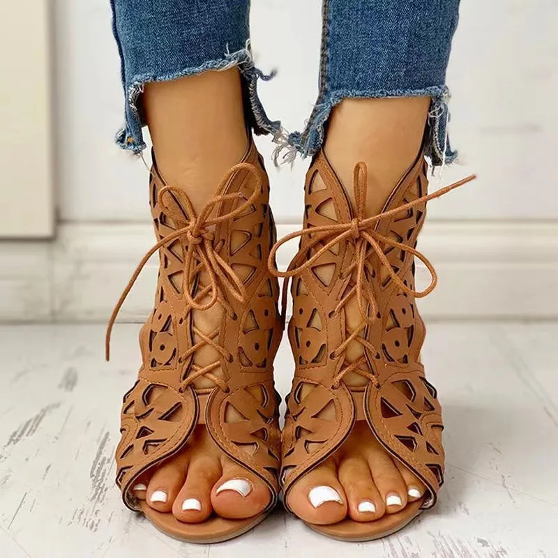 Large Size Women\'s Shoes 2024 Summer New Women Wear Lace Up Hollow-out Sandals Women