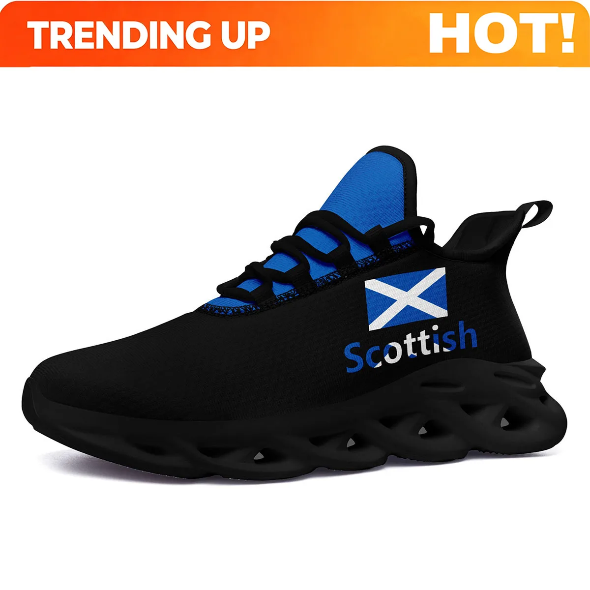 Custom Scottish Colors Inspired Running Shoes With Unique Sole Design Featuring Bold Blue And White Cross With Text Graphic Idea