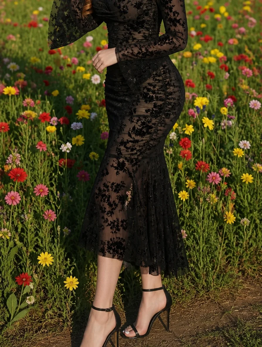 Exquisite Spitzen-Abschlussballkleider mit langen Ärmeln, quadratischem Ausschnitt, Meerjungfrauen-Rüschen, knöchellange Kleider, formelles Partykleid, individuell gestaltet
