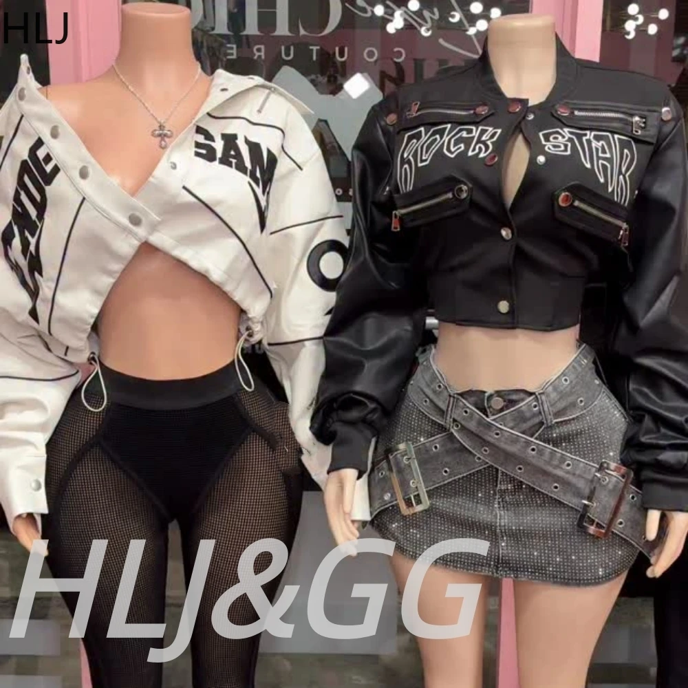 

HLJ Fashion Trend Embroidery Letter High Quality Leather Biker Jacket Women Button Long Sleeve Coats Autumn Y2K Top Streetwear