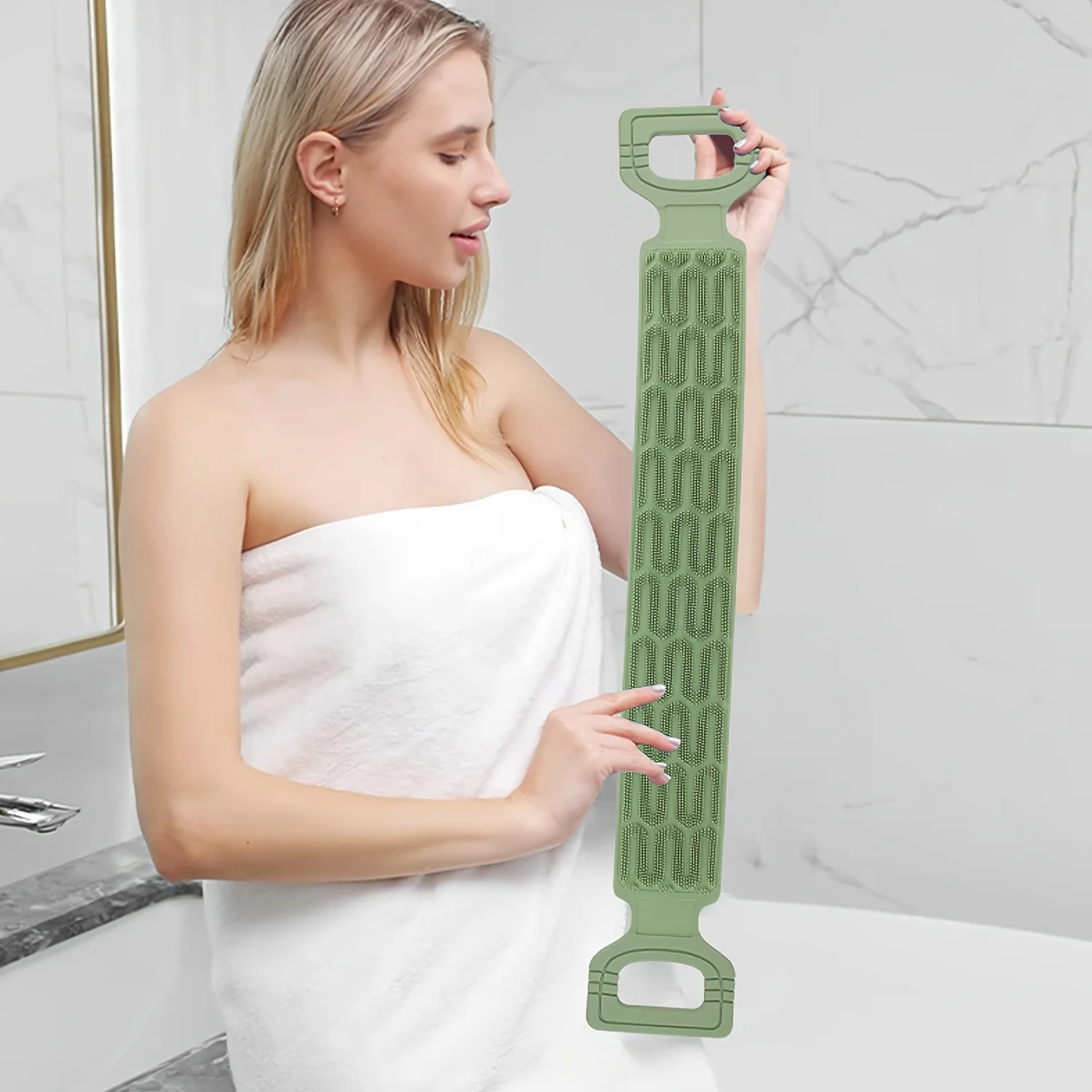 

Silicone Back Scrubber with Handles, Exfoliating Body Scrubber for Shower, Green & Beige Bath Towel for Deep Cleansing
