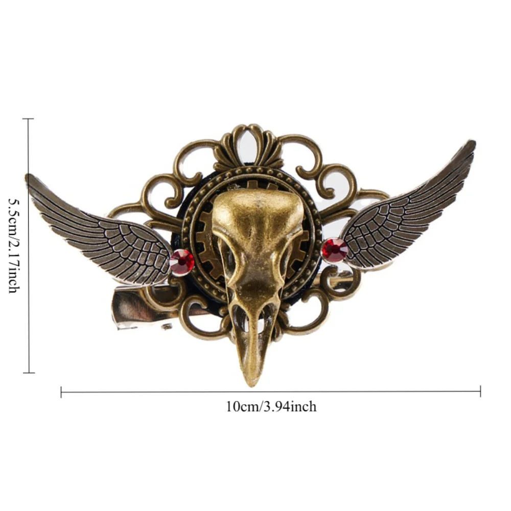 Steampunk Style Crow Skull Brooch Vintage Copper Gear Wings Red Diamond Pin Gothic Dark Lolita Pins