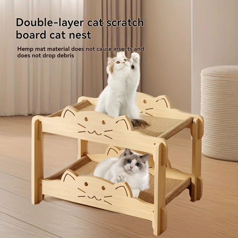 Grattoir et lit de salon pour chat double couche 2 en 1, surface à gratter en corde de sisal avec cadre en bois massif, perche multi-niveaux pour griffe