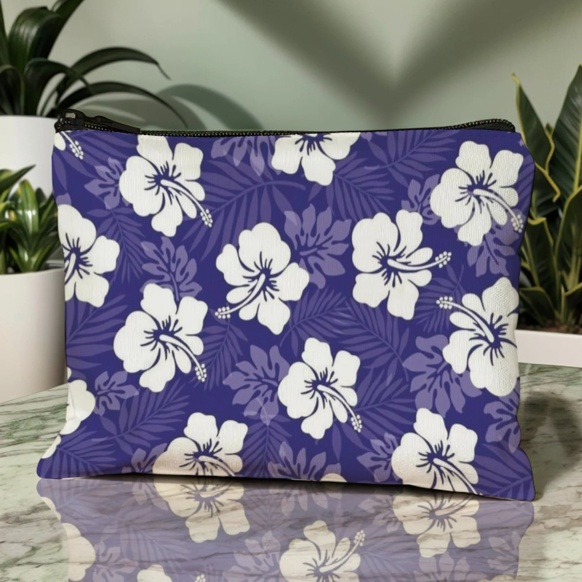 White Hibiscus on Multiple Colors Cosmetic Bag Tropical Flower Pattern Print Beauty Organizer for Summer & Travel Ideal Gift