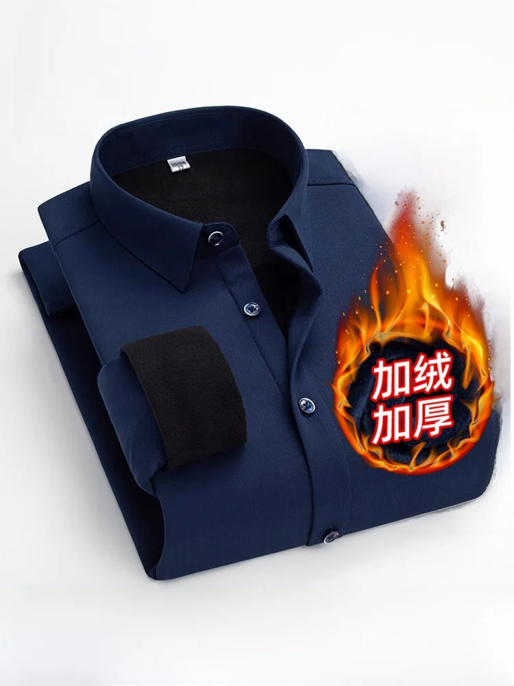 Warm Fleece Lined Long Sleeve Men's Shirt Non-Iron Professional Workwear Versatile Winter Fashion City Style Thickened Polyes...