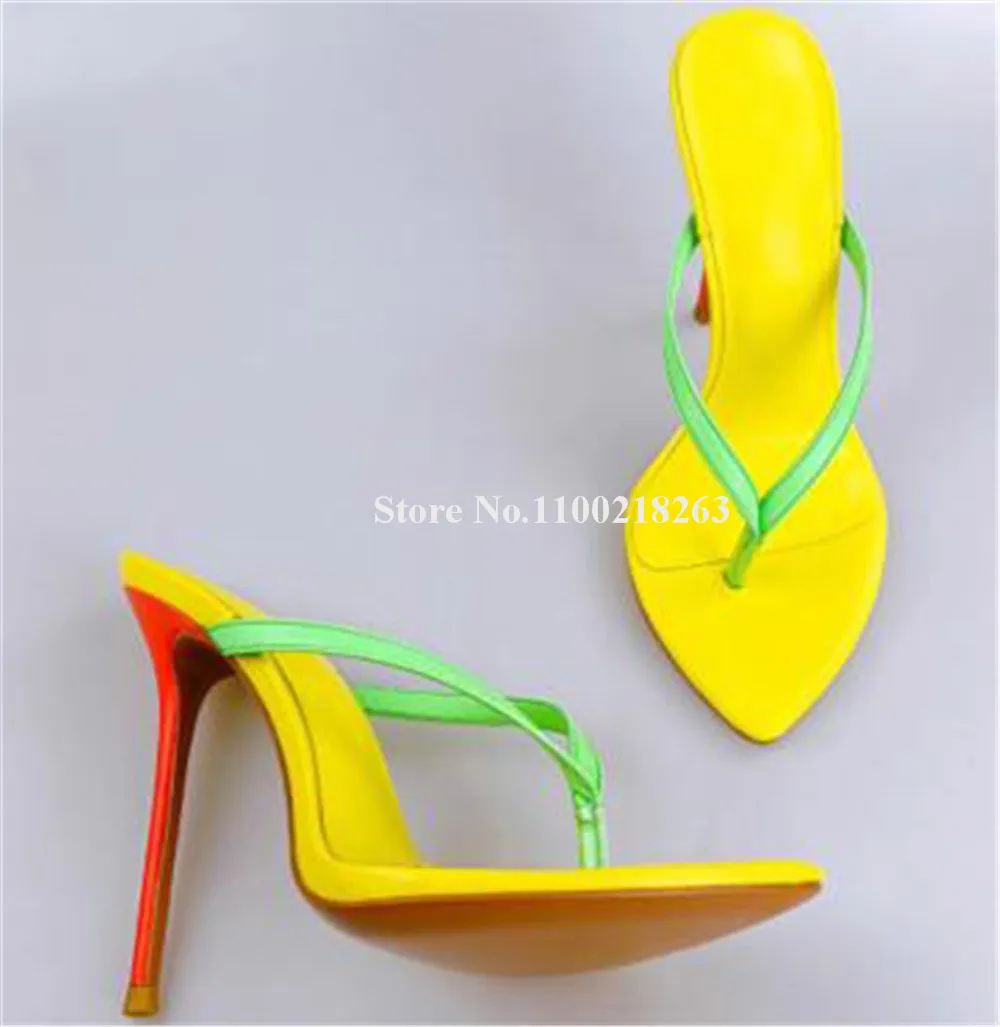 Summer Fashion Pointed Open Toe Clip Toe Thin Heel Slippers Gold Yellow Patchwork Stiletto Heel Sandals Dress Heels