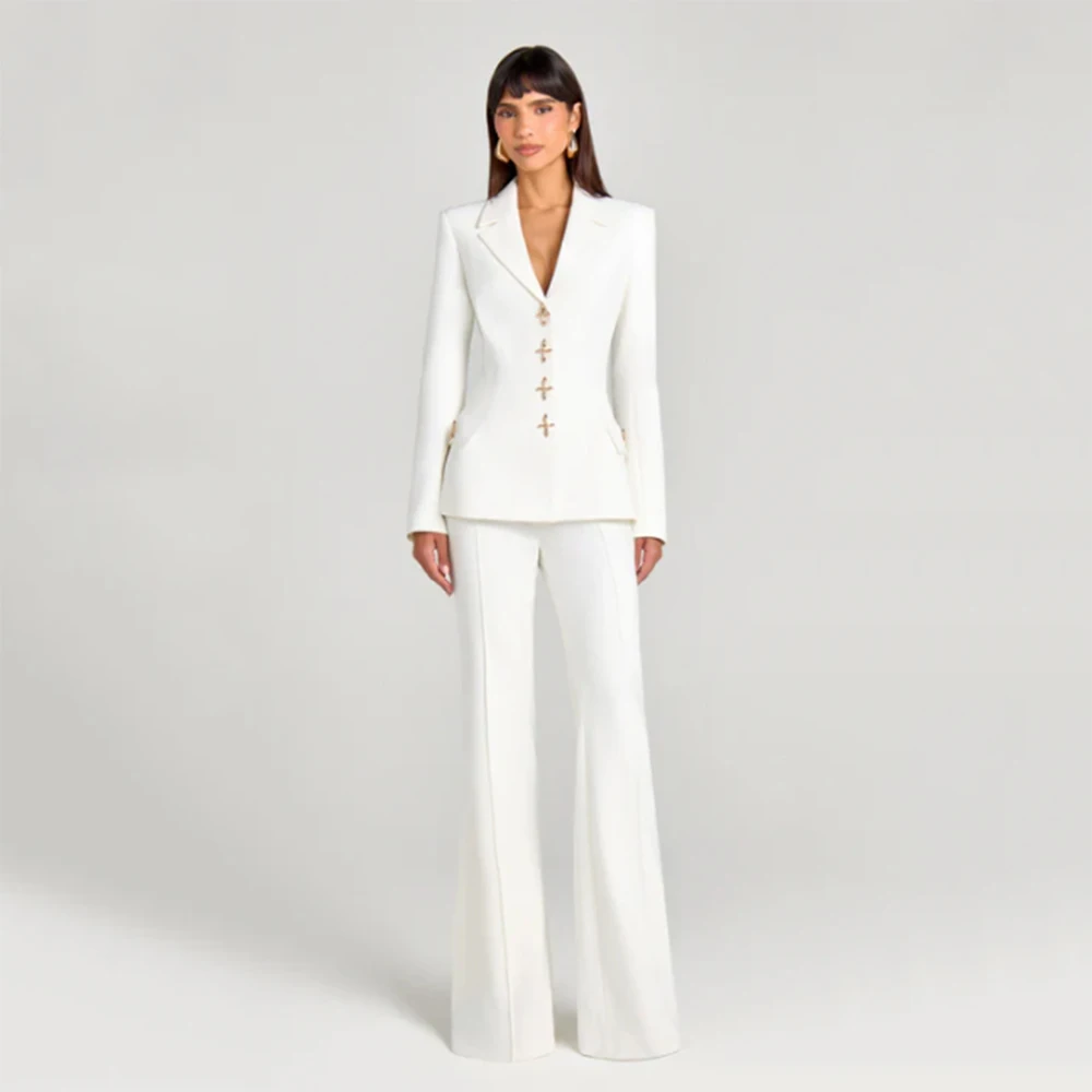 

Элегантные белые женские костюмы, однобортные комплекты с шалью и лацканами, комплекты из 2 предметов, куртка и брюки, облегающие офисные женские костюмы, высокое качество, стильный 2025