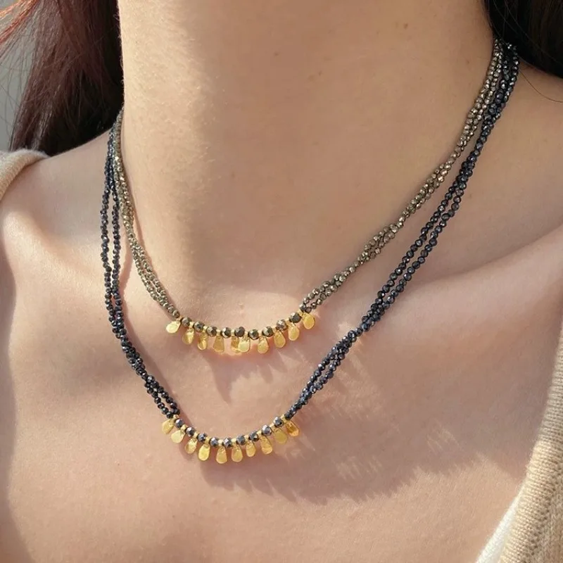 

New Bohemian Gold-plated Sequins Natural Stone Women Necklace Designer Luxury Double-layer Layered Gemstone Women's Necklace