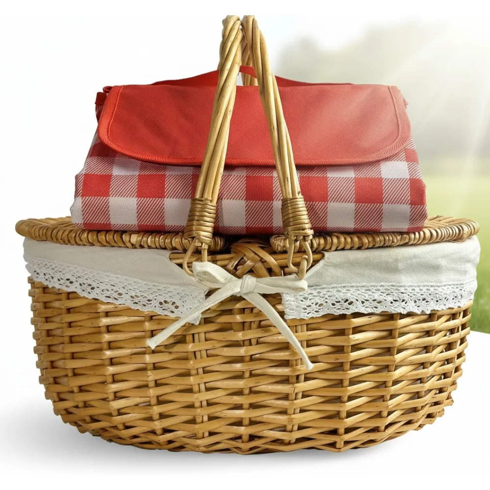 

Vintage Wicker Picnic Basket with Blanket, 15" Large Capacity Hamper for Outdoor Camping Family Picnics