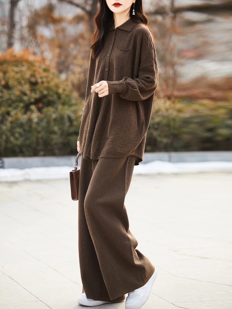 Light Luxury Spring Autumn Women Loose Pants Suit Worsted Merino Wool Knitted Cardigan Long Sleeve Clothing Tops Solid Trousers