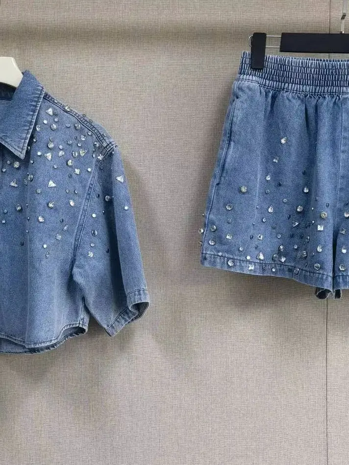 

Spring/Summer Women Denim Rhinestone Set Short Sleeve Turn-down Collar Single Breasted Shirt + Elastic Waist A-line Shorts