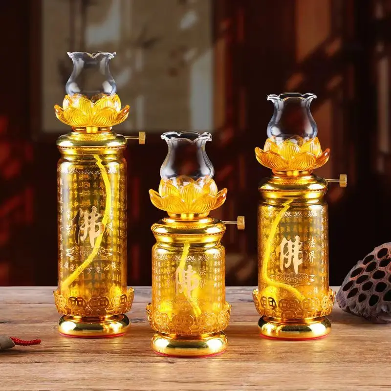Glass Lotus Oil Lamp For Home Buddha Prayer, Temple Buddhist Altar Eternal Flame Light, Religious Festival Decoration