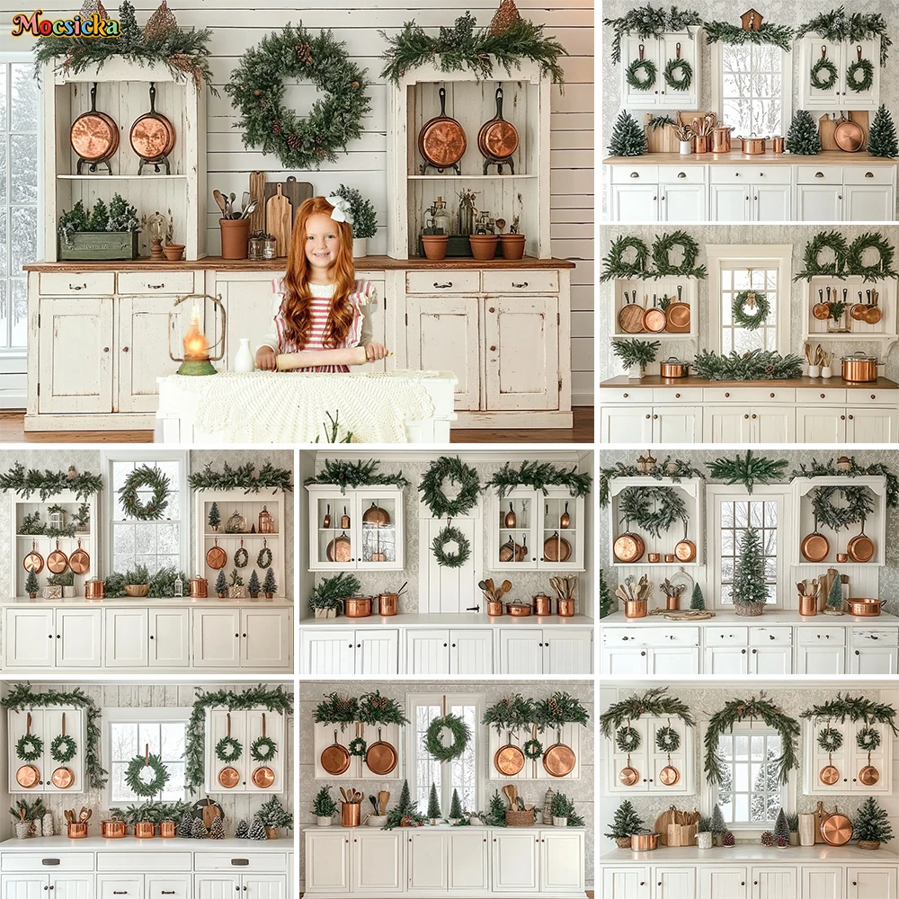 

White Christmas Kitchen Background Photography Green Xmas Wreath Cabinets Rustic Wooden Backdrop Family Kids Photoshoot Studio