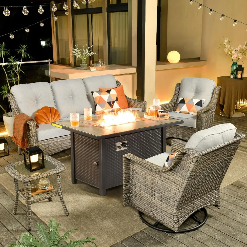 

Outdoor 5 Piece Patio Furniture with Fire Pit Table, Wicker Coversation Set with Swivel Rocking Chair, Comfy Sectional Deep Sofa