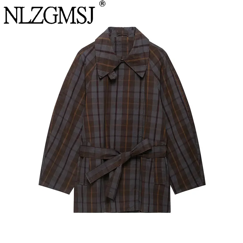 Nlzgmsj 2026  Autumn Women Plaid Trench Coat Lapel Collar Belted Waist Loose Oversized Outerwear Vintage Check Windbreaker