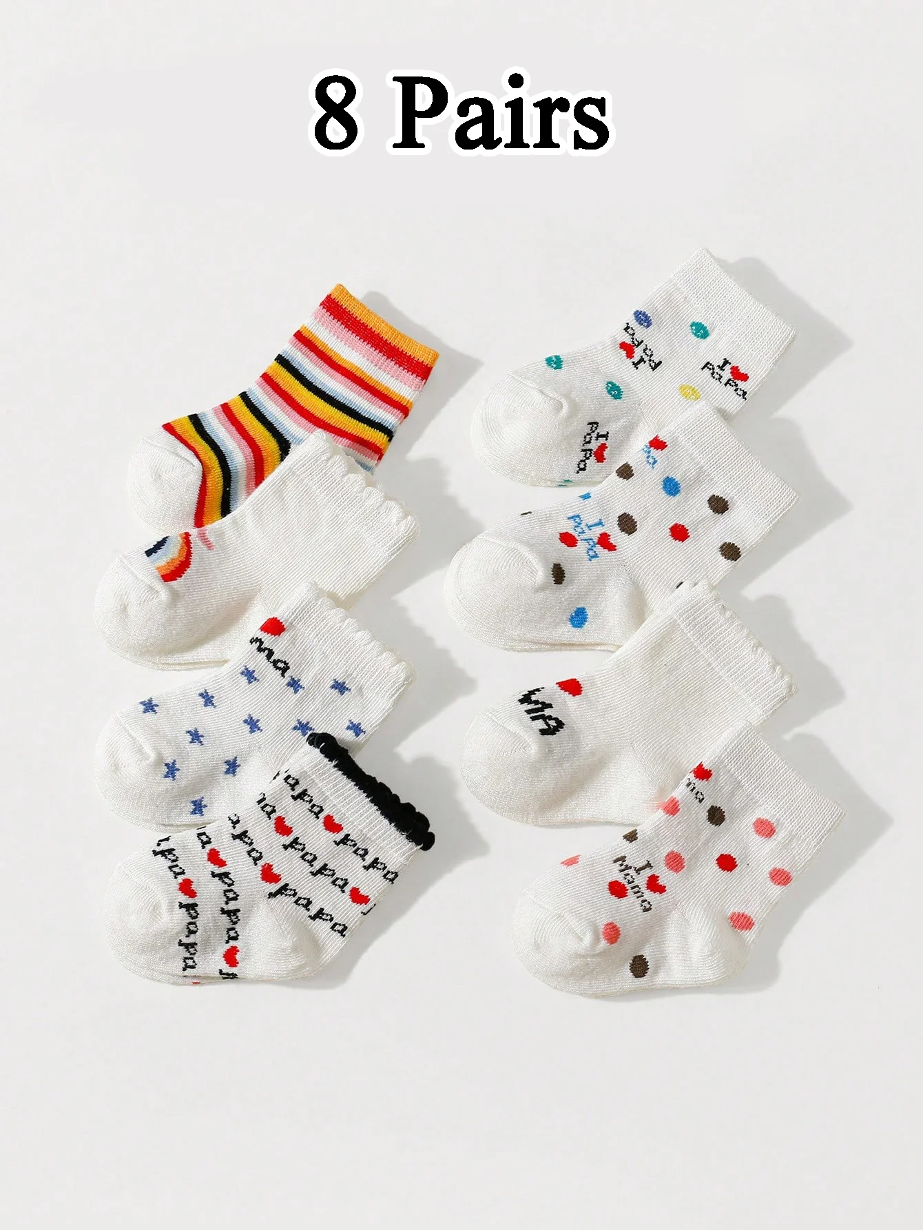 8 Pairs of Baby Girls and Boys White Cute Love Mama & Papa Socks, Soft and Comfortable Short Socks Suitable for Infant Daily Wear