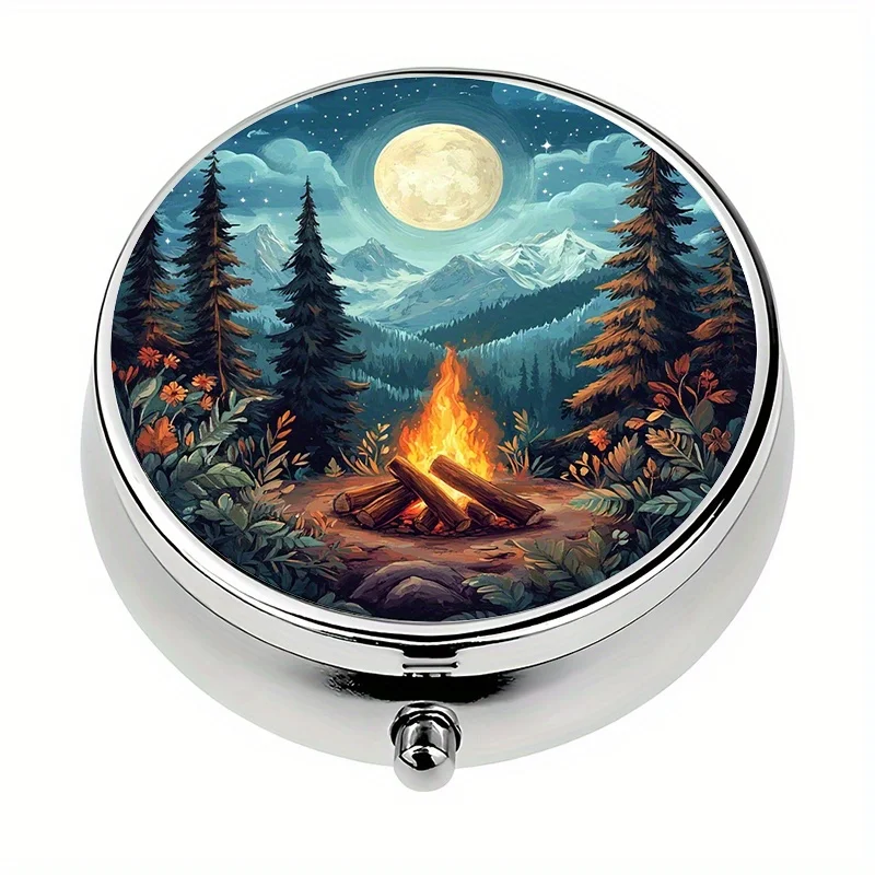 1 box, contains 3 compartments: Night scene campfire, mountain moon, forest portable box, pill box storage box, organizer box, travel portable version, unique design, flat print, flat surface