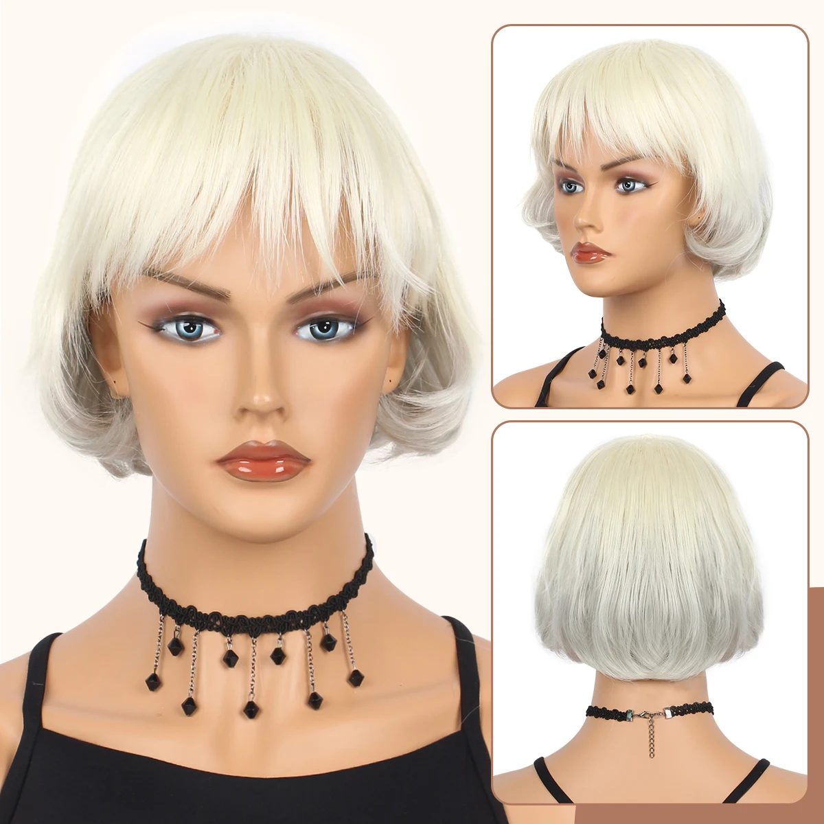 

Golden Gray short wig with bangs natural Pelucas synthetic wig, blonde short hair wig for women's daily use