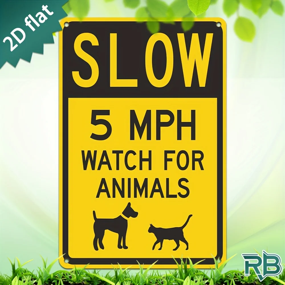 New Trendy HD Metal Wall Art - Funny SLOW 5 MPH Watch For Animals Metal Sign, 2D Flat Tin Sign, Yellow Black Warning Sign, Cute