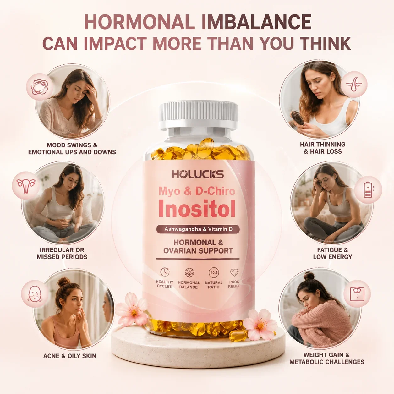 Inositol Supplement, 40:1 Myo & D-Chiro Inositol Ashwagandha Vitamin D, Support Metabolic, Relieve Stress, Female Reproductive