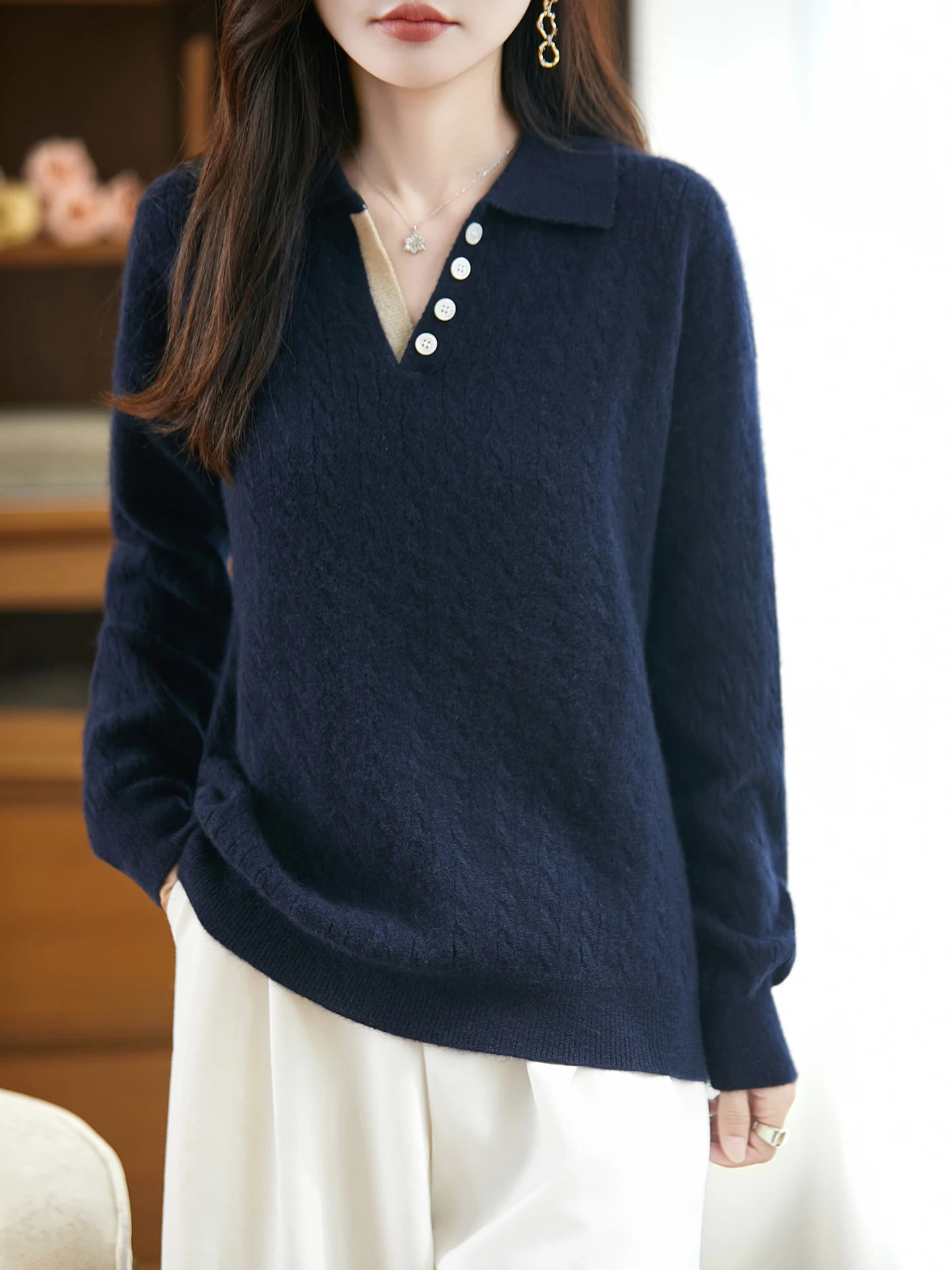 

Роскошный свитер из 100% мериносовой шерсти, модный пуловер с воротником-поло, вязаный однотонный топ, удобная осенне-зимняя повседневная одежда