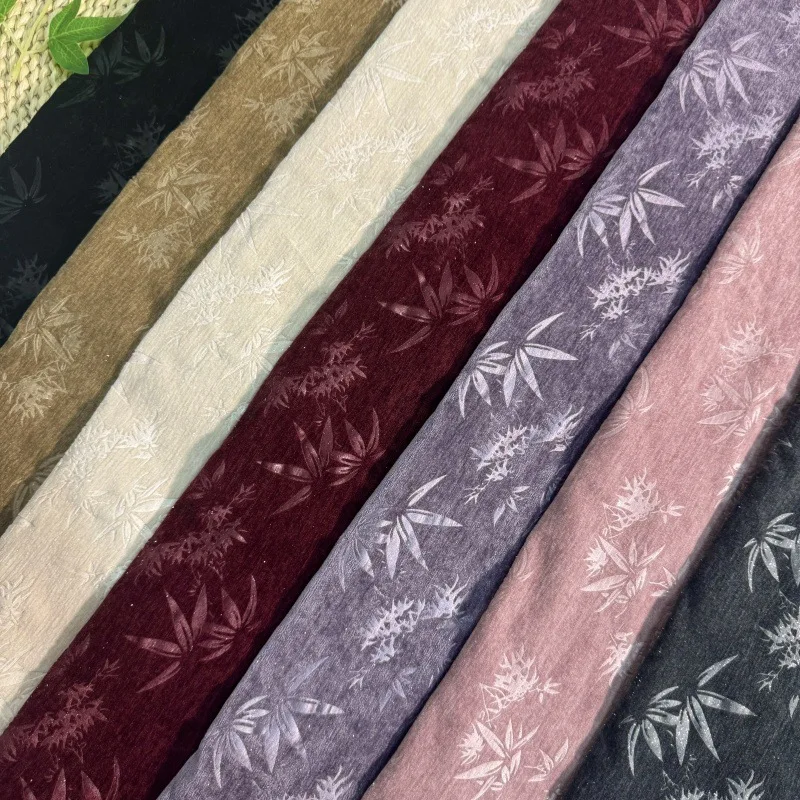 5 Meters Double sided shiny silk chenille embossed bamboo leaf fabric sewn qipao dress, vest, evening dress fabric